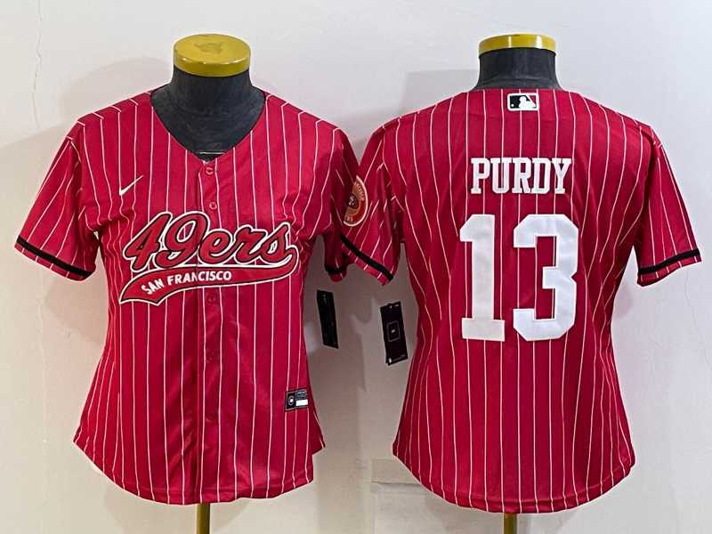 Women%27s San Francisco 49ers #13 Brock Purdy Red Pinstripe With Patch Cool Base Stitched Baseball Jersey